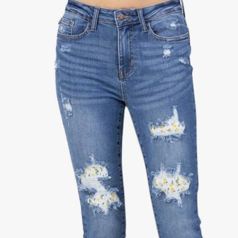 Judy Blue Lemon Print Lined patchwork raw hem stretch Skinny fit Jeans 16 w